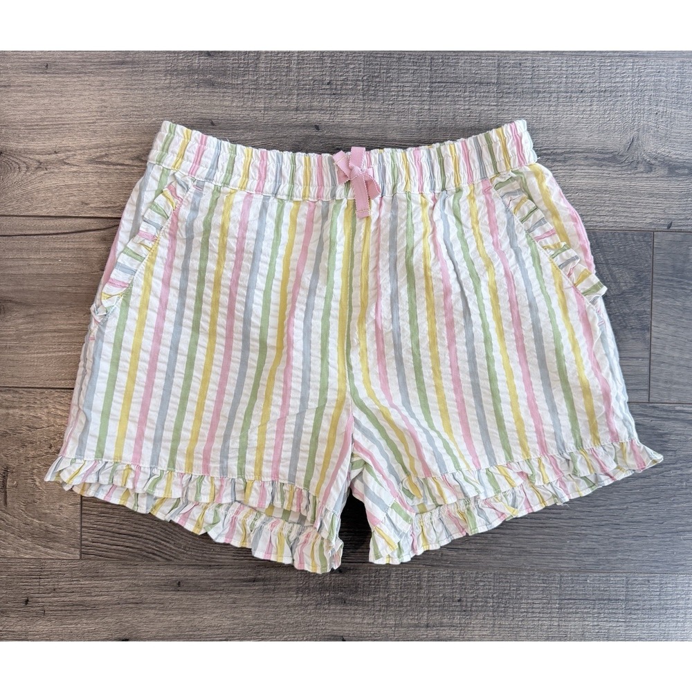 Mini Boden Girls Pastel Rainbow Stripe Seersucker Ruffle Shorts 10Y Cottagecore